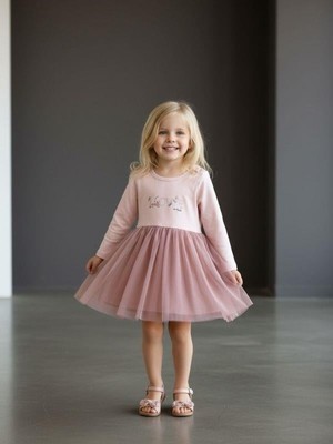 Zekids Kız Çocuk Pamuklu Love Yazılı Uzun Kollu Tütülü Elbise