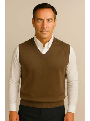 BURSPA Kışlık V Yaka Düz Ince Yün Kahverengi Baba Süveter