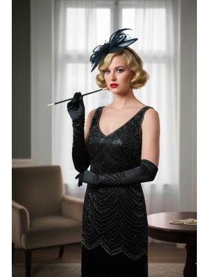 Siyah Retro Nikah ve Davet Seti - 1920LER Gatsby Temalı Vualet, Uzun Saten Eldiven ve Sigara Tutucu