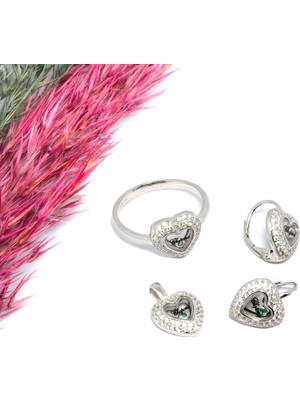 Canka Beyaz Altın Kaplama Kalpli Gümüş Takım