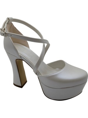 Çiğdem Kundura Aurastride | Önü Kapalı Çapraz Bantlı Platform Topuklu Abiye Ayakkabı - Beyaz - 37