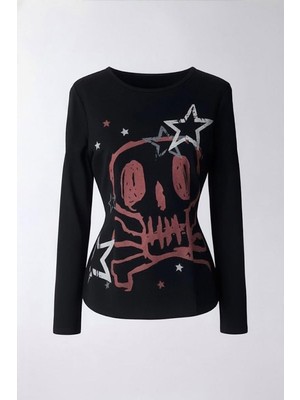 8line Siyah Skull Stars 2k Uzun Kollu Crop