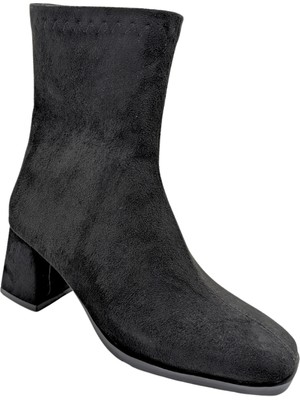 Çiğdem Kundura Brise | Küt Burunlu Kalın Topuklu Bot - Siyah-Süet - 37