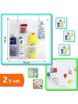 Hereveoyuncak 8 Cepli Askılı File Banyo Düzenleyici + 2 Adet Diş Macunu Sıkma Aparatı - 2li Set X9P3Z6