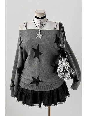 8line Antrasit Stars Askılı Y2K Triko Kazak