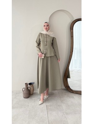 Miraydin Butik Düğme Detaylı Etekli Scuba Takım - Yeşil