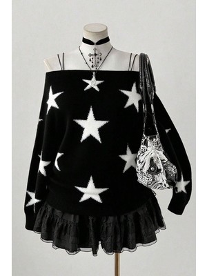 8line Siyah Stars Askılı Y2K Triko Kazak