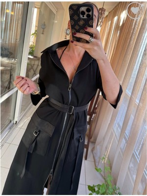 Mare Butik Fermuarlı Kemerli Uzun Siyah Elbise L