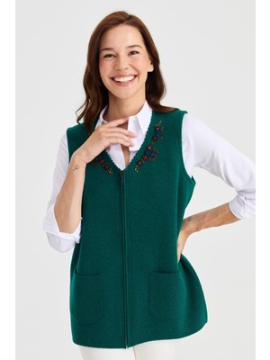 Mare Butik Nakış Detaylı Fermuarlı Triko Yelek L - Yeşil