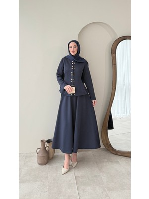 Miraydin Butik Düğme Detaylı Etekli Scuba Takım - Lacivert