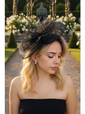 Siyah Tüylü ve Boncuk Detaylı Nikah Vualeti - Retro Abiye Saç Aksesuarı - Davet Şapkası