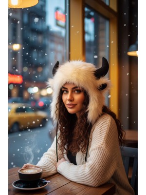 Boynuzlu Peluş Şapka - Kulaklı Yumuşak Kürklü Kışlık Bere - Tasarım Kostüm Şapkası