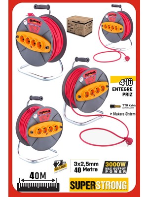 Stilmax 40 Metre Bakır Sargılı Makaralı Uzatma Kablosu 3x2.5 mm² 4 Priz Atölye & Şantiye Tipi Açık Turuncu