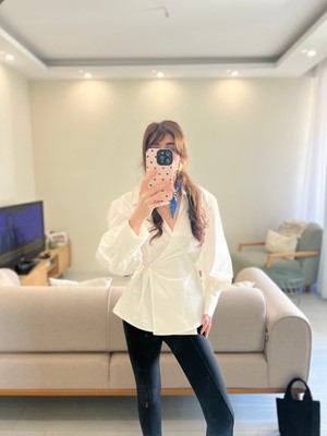 Butik Beyaz Kruvaze  Balon Kol Kadın Gömlek