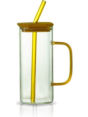 Çeyizde Bambu Kapaklı 400 ml Borisilikat Sızdırmaz Cam Kupa - Hediyelik Cam Kupa Yılbaşı Ögretmenler Günü Hediyesi Cam Bardak