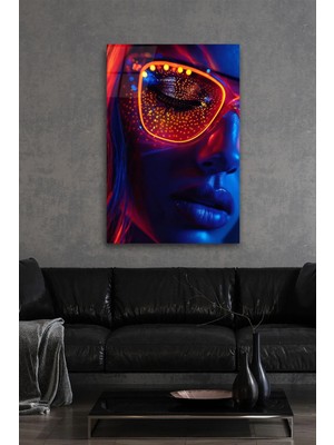 Marsilyan Neon Renklerle Kadın Yüzü Görseli Kırılmaz Lüks Cam Tablo Ev Iş Yeri Ofis Hediyesi