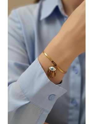 Hg.Aksesuar Kadın Sedef Taşlı Göz Detaylı Sallantılı Çelik Bileklik