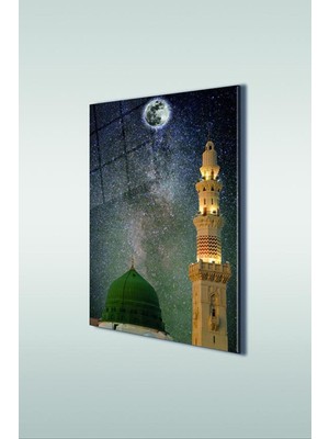 Marsilyan Yıldızlı Bir Gecede Mescid-I Nebevi Dikey Islami Cam Tablo