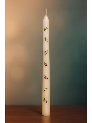 Mumanor Candle El Boyaması Ökseotu Desenli Uzun Beyaz Şamdan Mumu | Yılbaşı & Kış Dekorasyonu