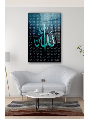 Marsilyan Allah'ın 99 Ismi Esmaül Hüsna Dini Dikey Cam Tablo Ev Ofis Salon Duvar Dekoru Hediyelik Büyük Tablo