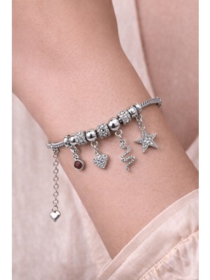 14K Altın Kaplama Çelik Kendinden Charmlı Taş Detaylı Bileklik