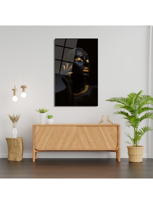 Marsilyan Altın Temalı Siyahi Kadın Cam Tablo