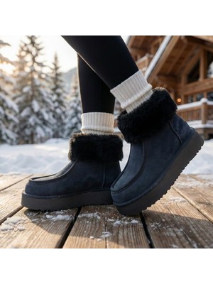 Çiğdem Kundura Volto Önden Fermuarlı Kürklü Süet Kadın Kısa Bot - Siyah - 36