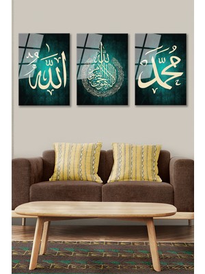 Marsilyan 3 Lü Set Allah Ayetel Kürsi Muhammed Yazılı Dini Dekoratif Cam Tablo-Ev Ofis Hediyelik -4mm Kırılmaz