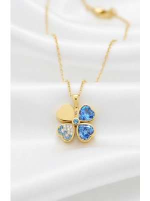 Çekirdek Jewelry 925 Ayar Gümüş Aqua Taşlı Ters Yonca Kolye