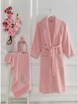 Mira Home Kadın Havlulu Banyo Bornoz Takımı %100 Pamuklu Pembe