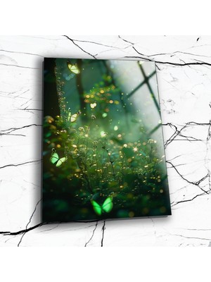 Marsilyan Kelebekler ve Doğa Cam Tablo , Soyut Duvar Dekoru , Temperli Cam Üzeri Baskı , Asılmaya Hazır