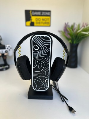 3dpazarıcom 3D Baskı Siyah Beyaz Topografi Tasarımlı Ledli Kulaklık Tutucu