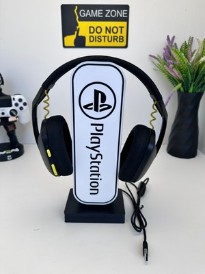 3dpazarıcom 3D Baskı Siyah Beyaz Playstation Tasarımlı Ledli Kulaklık Tutucu