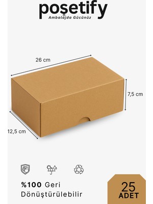 Poşetify 25 Adet 26X12,5X7,5 cm Baskısız Kraft Kesimli Kutu – Dayanıklı E-Ticaret ve Hediye Paketleme Kutusu