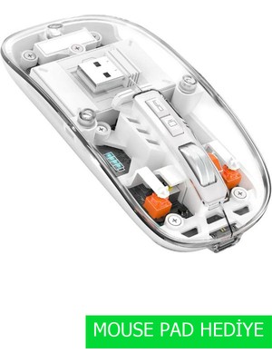 Jolita Sessiz Kablosuz Mouse, 2.4ghz+Bluetooth 5.0 Şarj Edilebilir Mouse, 2400 Dpı Şeffaf Gaming Mouse