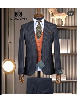 İlayda Emir Siyah, Ince Çizgili, Kırlangıç Yaka, Tek Düğmeli, Erkek Takım Elbise,yelekli, Slim Fit