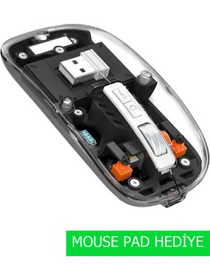 Jolita Sessiz Kablosuz Mouse, 2.4ghz+Bluetooth 5.0 Şarj Edilebilir Mouse, 2400 Dpı Şeffaf Gaming Mouse