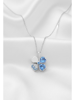 Çekirdek Jewelry 925 Ayar Gümüş Aqua Taşlı Ters Yonca Kolye