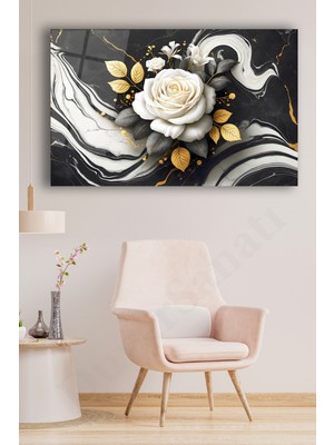 Marsilyan Soyut Siyah Beyaz Gold Gül Cam Tablo, Modern Ev Ofis Salon Duvar Dekoru, Hediyelik Tablo Dekor