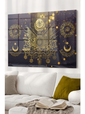 Marsilyan Gold Detaylı Osmanlı Tuğrası Allah Muhammed | Osmanlı Temalı Cam Tablo | 50X70 cm