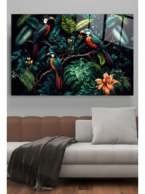 Marsilyan Green Birds Cam Tablo, Dekoratif Cam Tablo