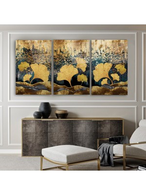 Marsilyan 3 Parça Gold Altın Yapraklar Set Tablo Kırılmaz Cam Tablo Ev Hediyesi Iş Yeri Hediyesi