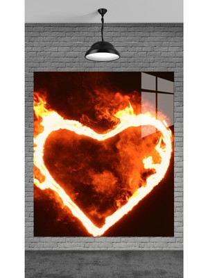 Marsilyan Muhteşem Alevli Kalp Temperli Cam Üzerine Tablo Sevgilinize Yılbaşı