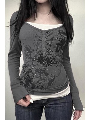 8line Füme Gotik Flower Ekli Düğmeli Y2K Uzun Kollu Crop