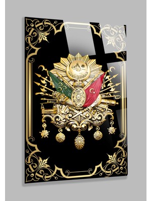 Marsilyan Gold Çerçeve Görünümlü Osmanlı Tuğrası 4mm Kırılmaz Temperli Yüksek Çözünürlüklü Cam Tablo