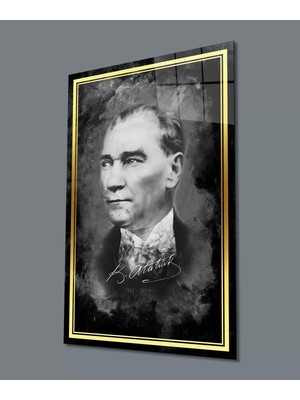Marsilyan Şerit Atatürk Portresi Siyah Beyaz Cam Tablo, Uv Baskılı ve Temperli, Hediyelik