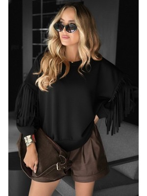 Melen Moda Kadın Uzun Kollu Bisiklet Yaka Kolları Püsküllü Modal Bluz