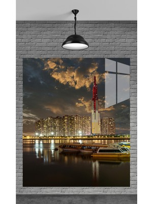 Marsilyan Muhteşem Akşam ve Şehir Temperli Cam Üzerine Tablo Sevgilinize Yılbaşı Hediye