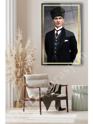 Marsilyan Atatürk Portre Cam Tablo Ev Ofis Salon Için Hediyelik Duvar Dekoru Büyük Tablo