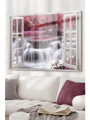 Marsilyan Pencere Şelale ve Pembe Ağaçlar | Doğa Temalı Cam Tablo | 50X70 cm